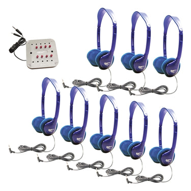 8 blueberry school headphones and audio jackbox for group listening, perfect for educational settings.